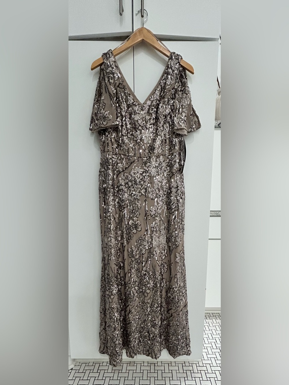 Alex Evenings Mink Maxi Dress with Tonal & Silver Sequin Floral Embroidery